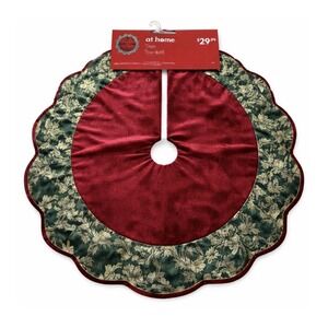 At Home Christmas Tree Skirt 48 inch Red Plush Green Gold Trim Scalloped Classic